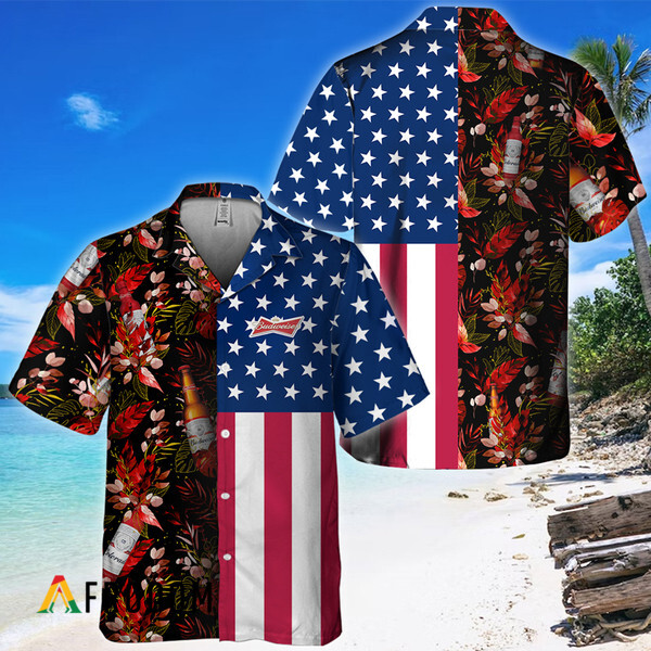 Us Flag Budweiser Tropical Flowers Hawaiian Shirt HU