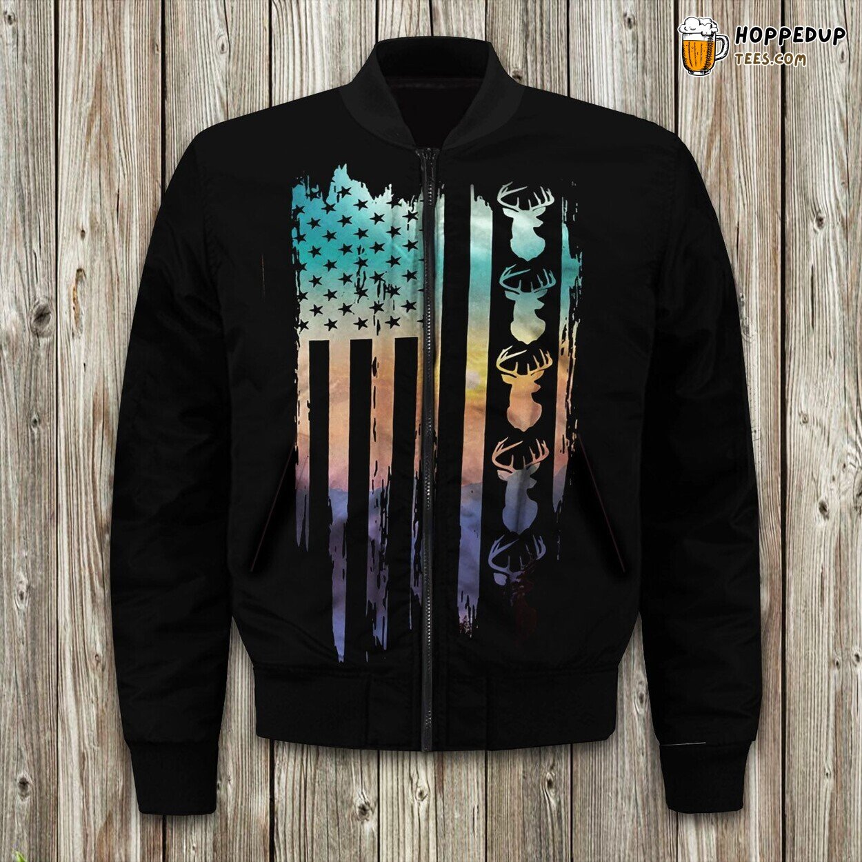 US Flag Deer Design Winter Bomber Jacket Patriotic Wildlife Fusion