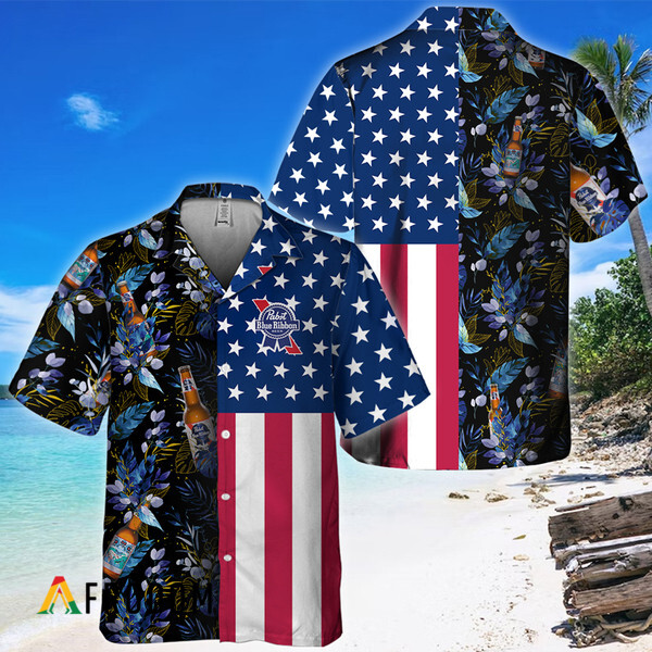 Us Flag Pabst Blue Ribbon Tropical Flowers Hawaiian Shirt HU