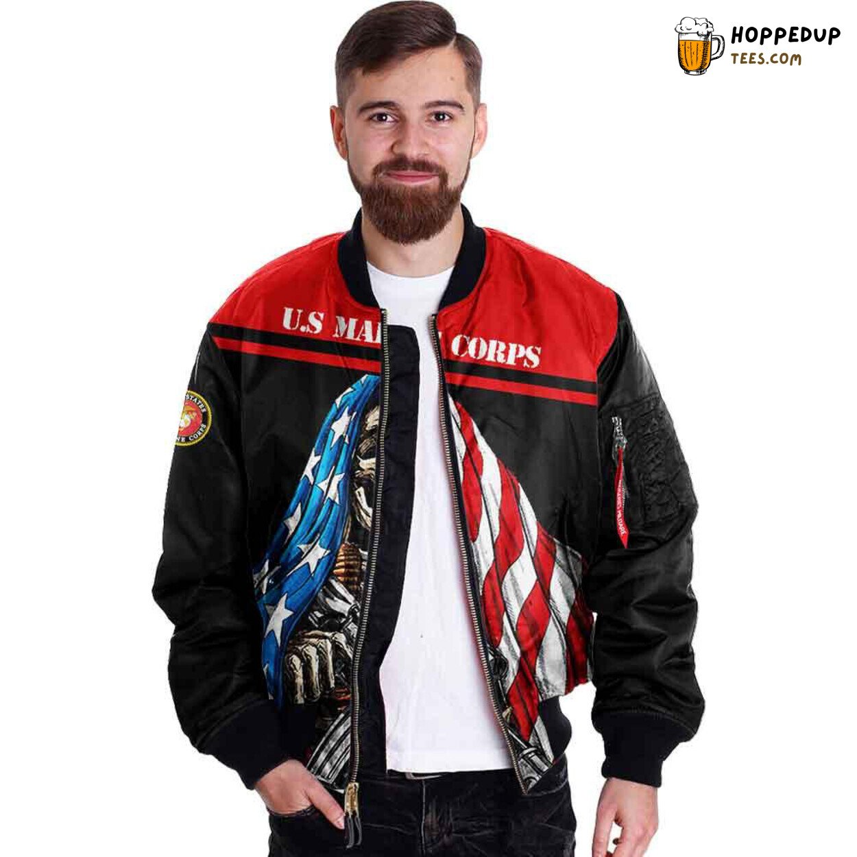 US Marine Corps Veterans Skull Flag Patriotic Bomber Jacket Displaying Valor