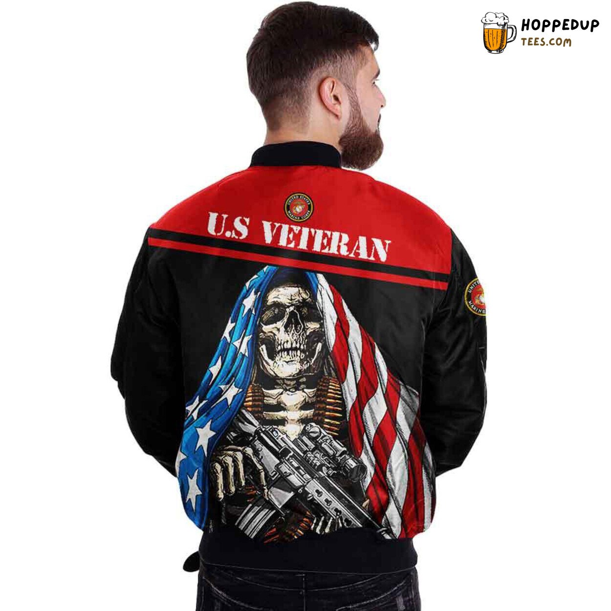 US Marine Corps Veterans Skull Flag Patriotic Bomber Jacket Displaying Valor