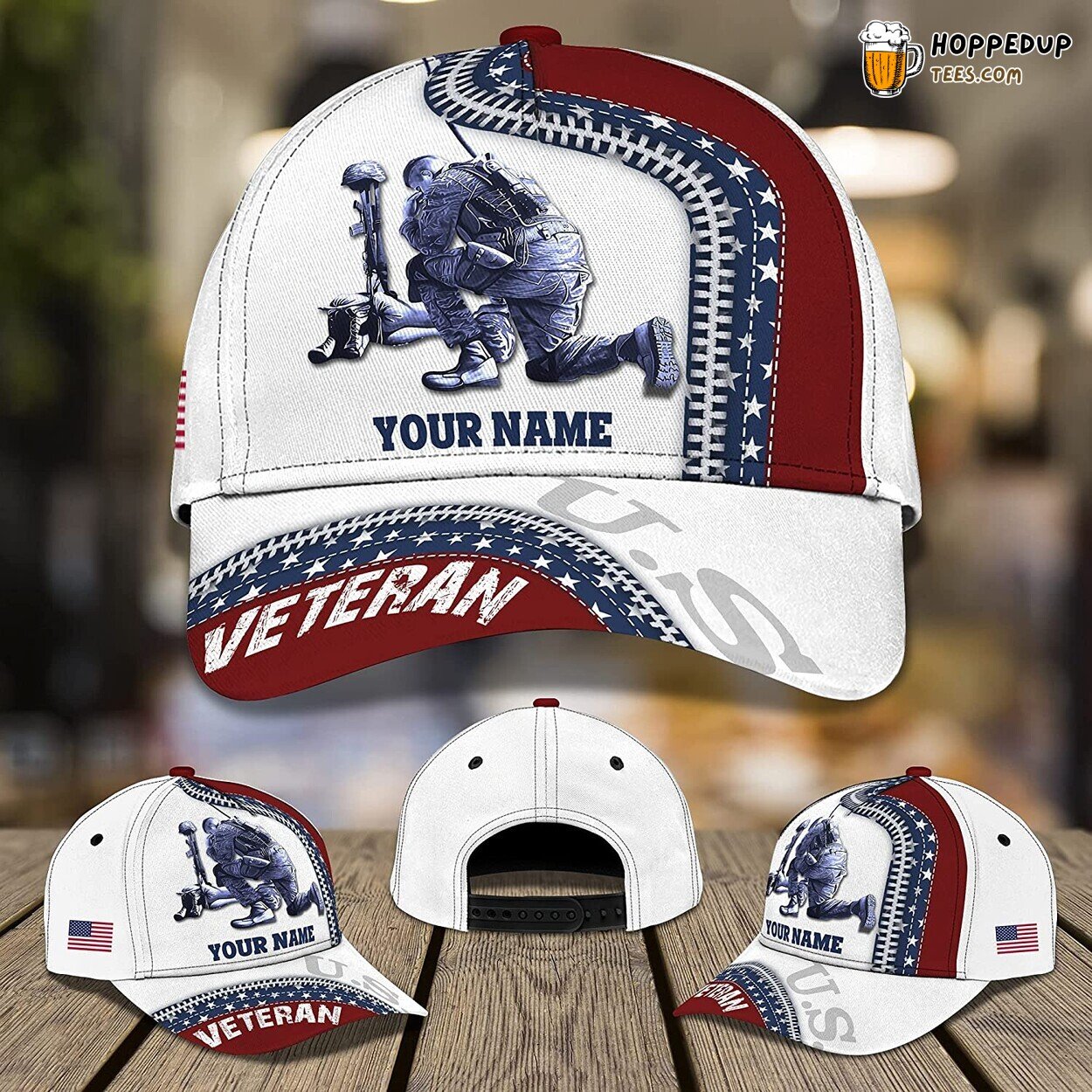 US Veteran Kneeling Soldier 3D Patriotic Hat Personalized Design