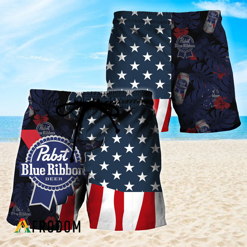 USA Tropical Flag Pabst Blue Ribbon Hawaiian Shorts PBR Swim Trunks HU USA Tropical Flag Pabst Blue Ribbon Hawaiian Shorts PBR Swim Trunks HU