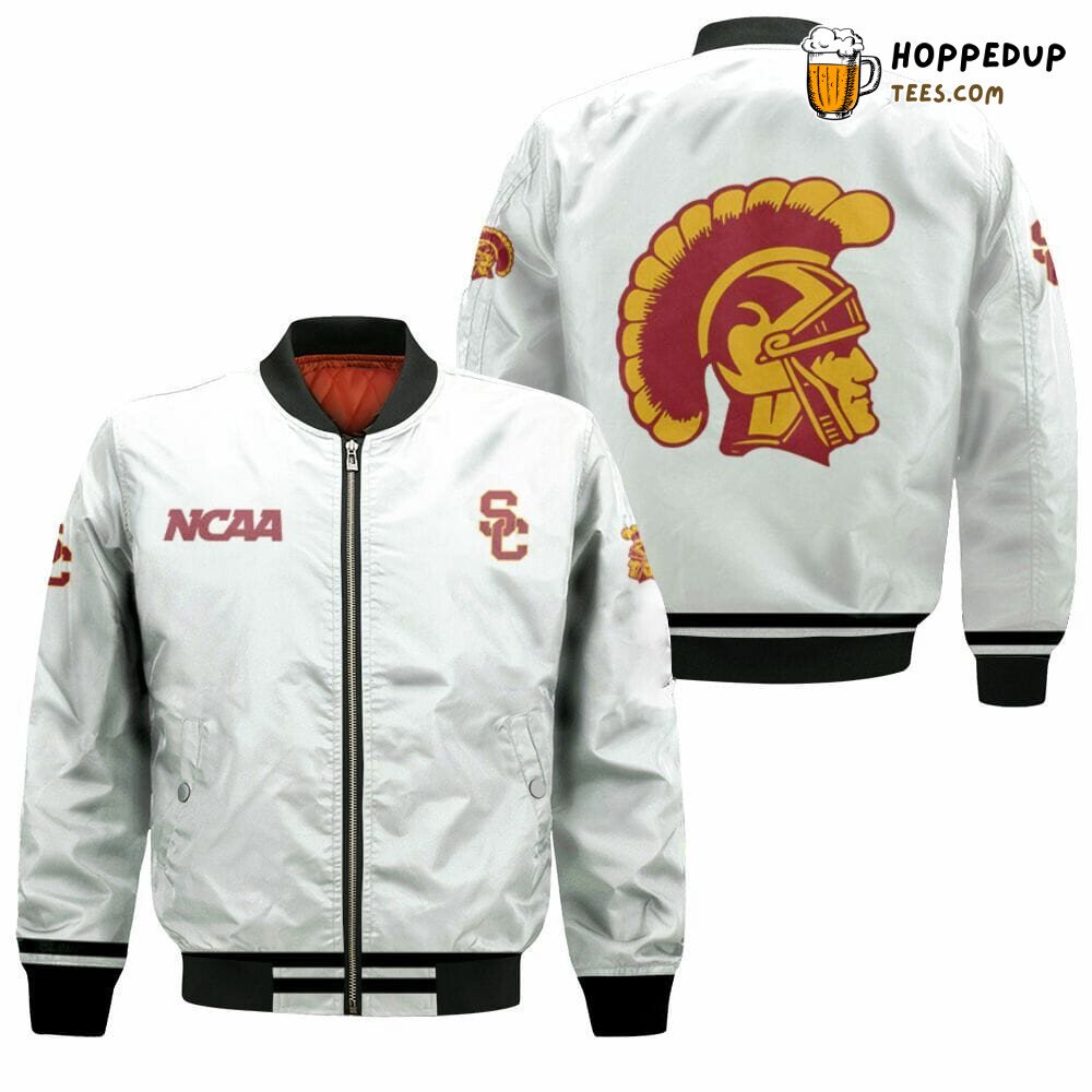 USC Trojans NCAA Pristine White Fan Support Bomber Jacket Trim