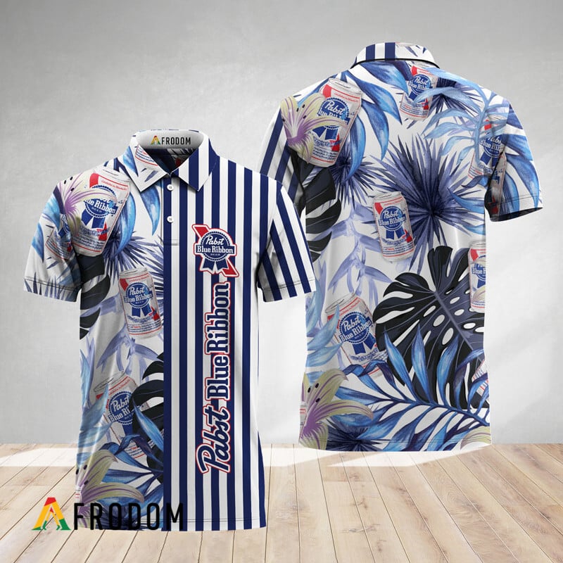 Vertical Stripe Monstera Pabst Blue Ribbon Polo Shirt HU
