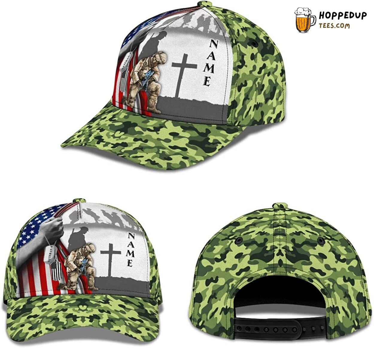 Veteran Kneeling Cross American Flag Camo Hat Adjustable Snapback Gift Design