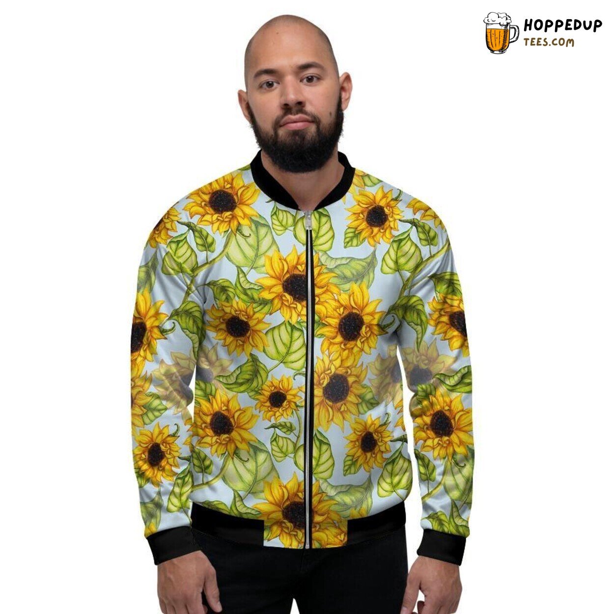 Vibrant Blue Sunflower Design Men’s Bomber Jacket Floral Nature Fashion Look
