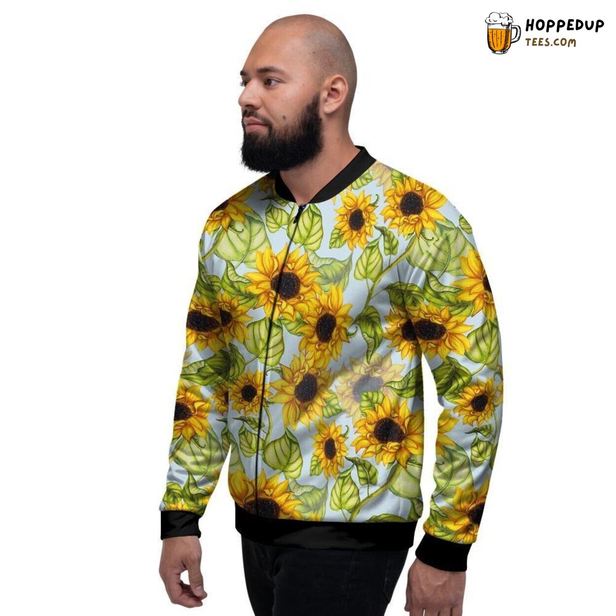 Vibrant Blue Sunflower Design Men’s Bomber Jacket Floral Nature Fashion Look