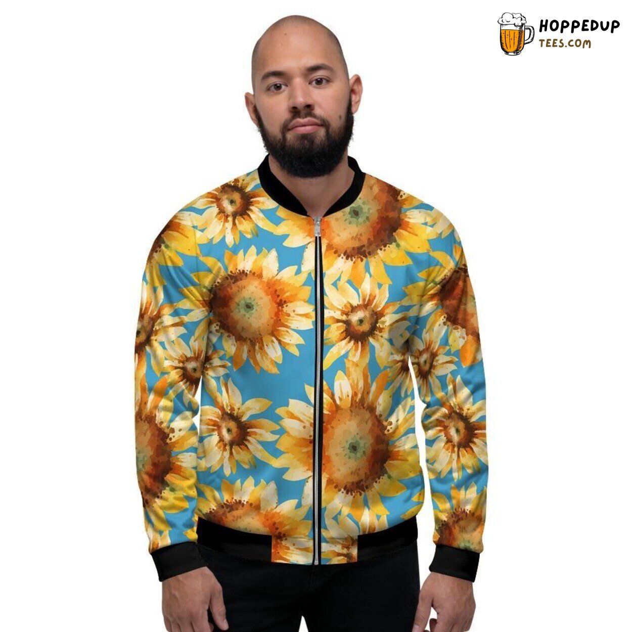 Vibrant Blue Sunflower Floral Display Men’s Bomber Jacket Nature’s Tribute Art