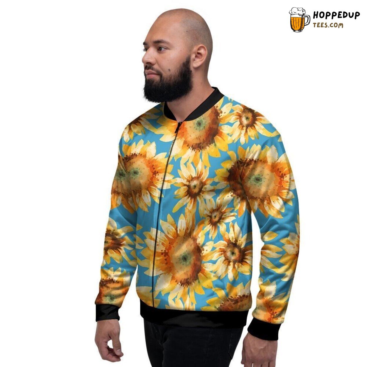 Vibrant Blue Sunflower Floral Display Men’s Bomber Jacket Nature’s Tribute Art