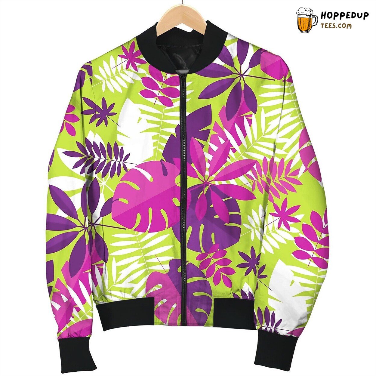 Vibrant Bright Simple Tropical Leaves Pattern Bomber Jacket