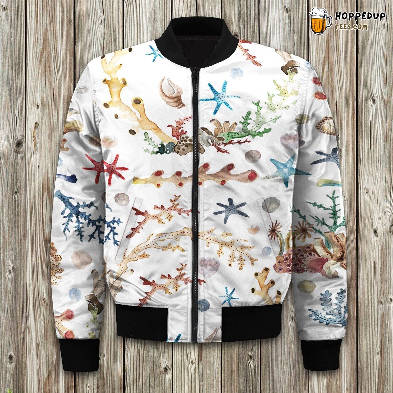 Vibrant Coral Pattern Winter Bomber Jacket Ocean Beauty Display