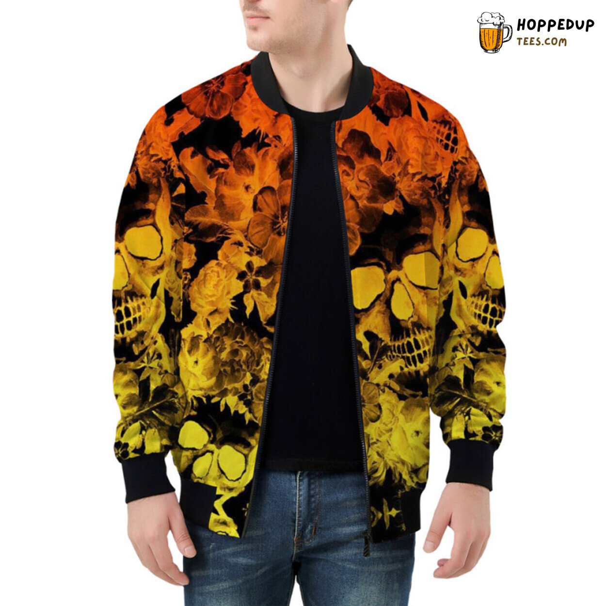 Vibrant Display of Yellow Orange Skulls Amongst Flowers Bomber Jacket