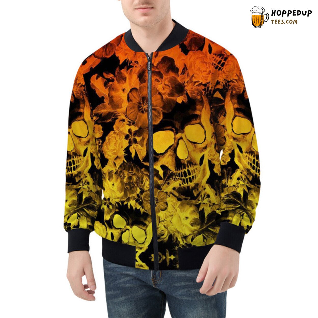 Vibrant Display of Yellow Orange Skulls Amongst Flowers Bomber Jacket