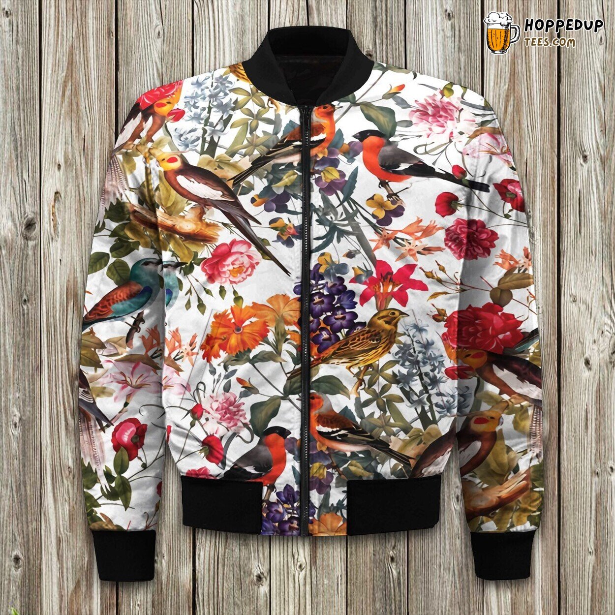 Vibrant Floral Birds Fusion Bomber Jackets Winter Nature Gala