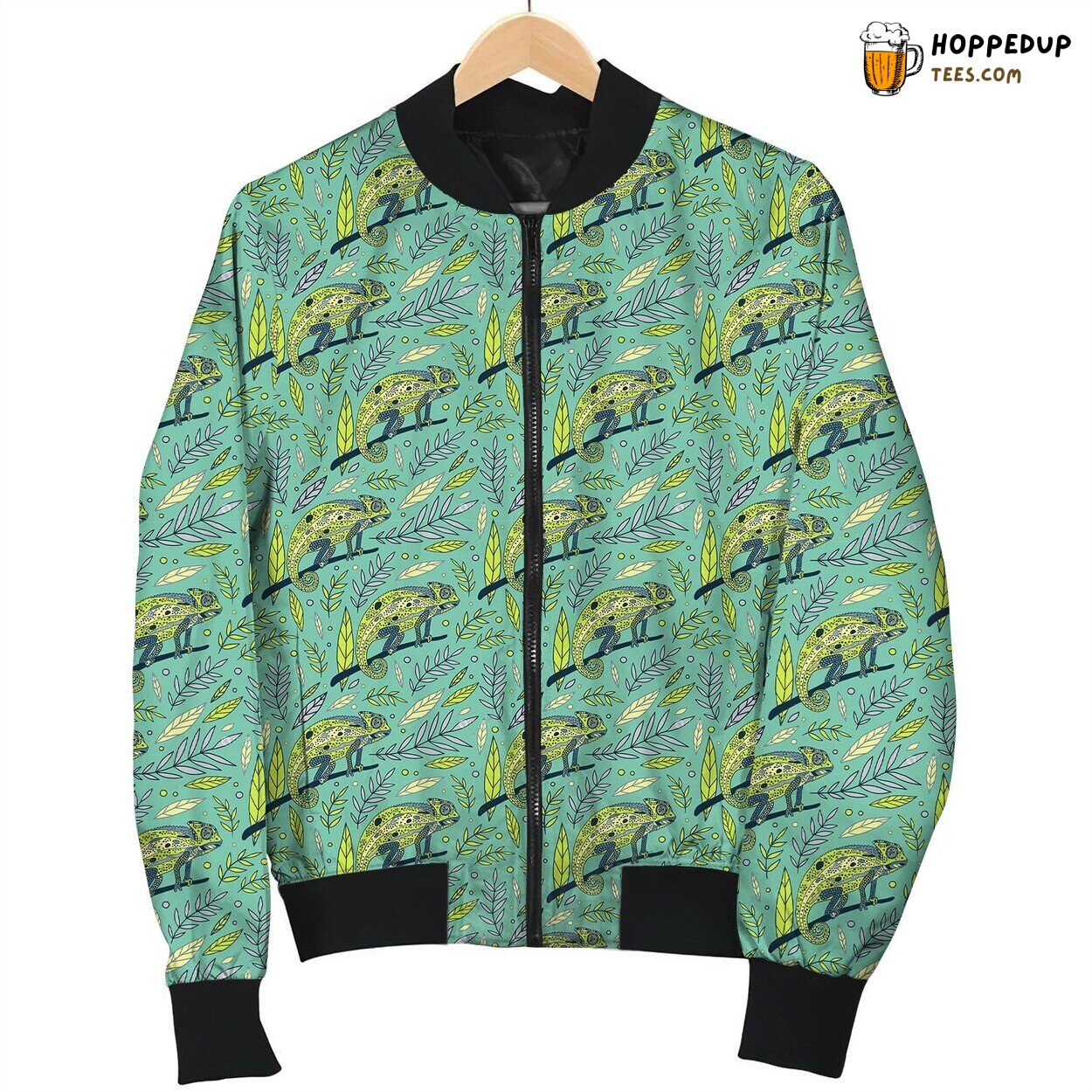 Vibrant Green Chameleon Winter Bomber Jacket Artistic Stylish Design