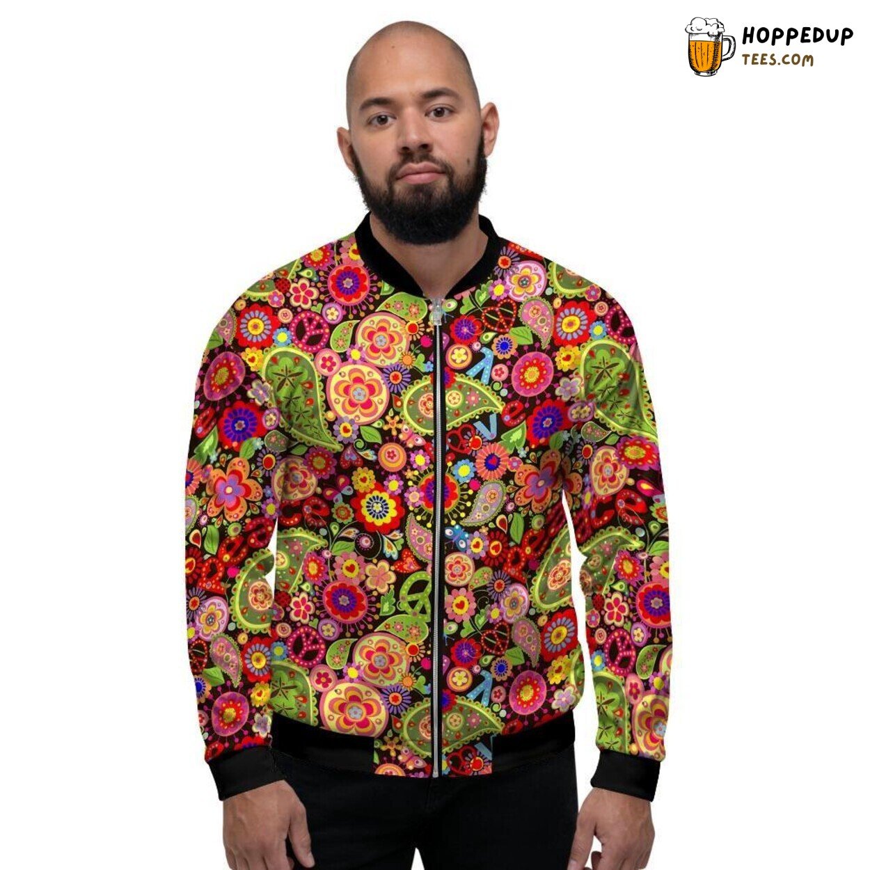 Vibrant Hippie Inspired Trippy Art Men’s Bomber Jacket Retro Design Display