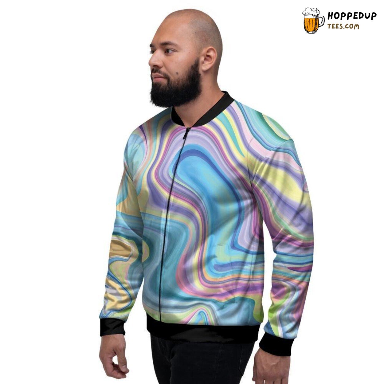 Vibrant Neon Hued Marble Pattern Men’s Bomber Jacket Art Stone Display