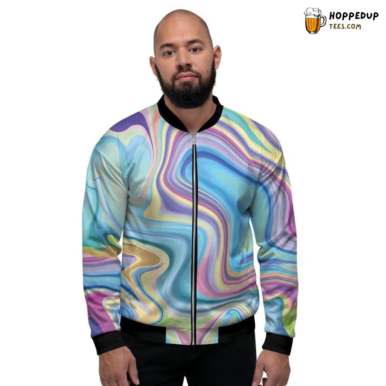 Vibrant Neon Hued Marble Pattern Men’s Bomber Jacket Art Stone Display