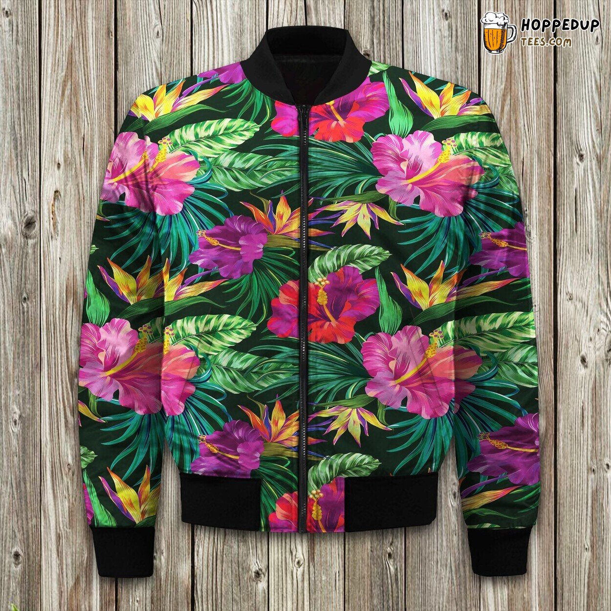 Vibrant Purple Tropical Elegance Winter Bomber Jacket Exotic Fashion Touch