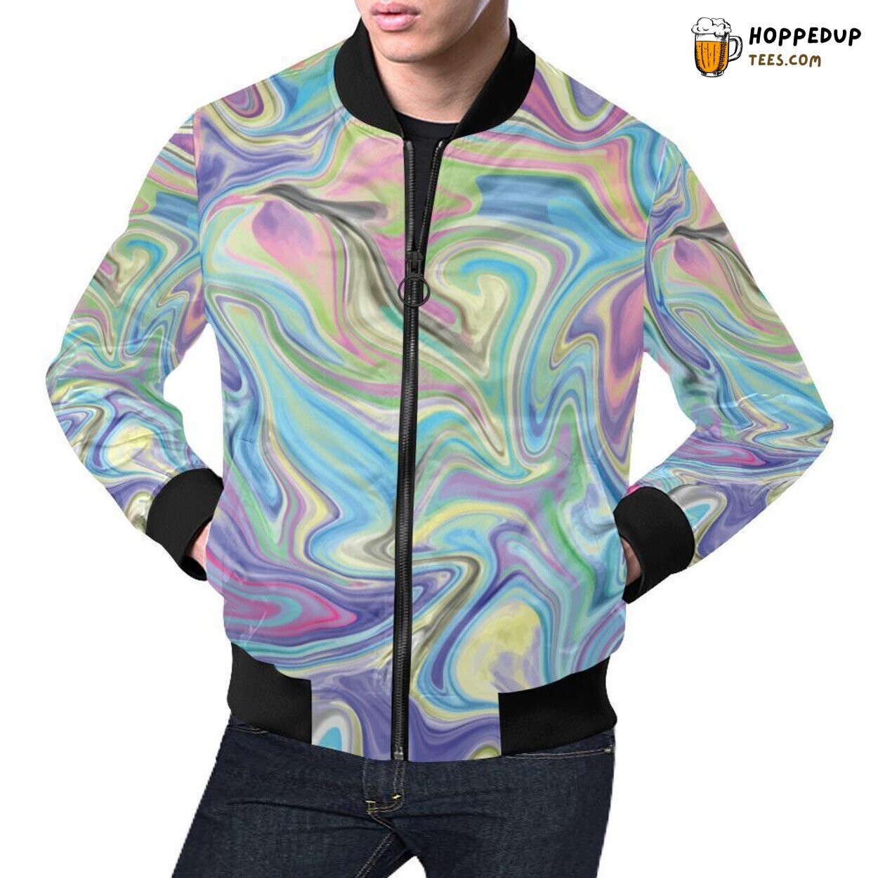 Vibrant Rainbow Marble Pattern Print Design Men’s Bomber Jacket