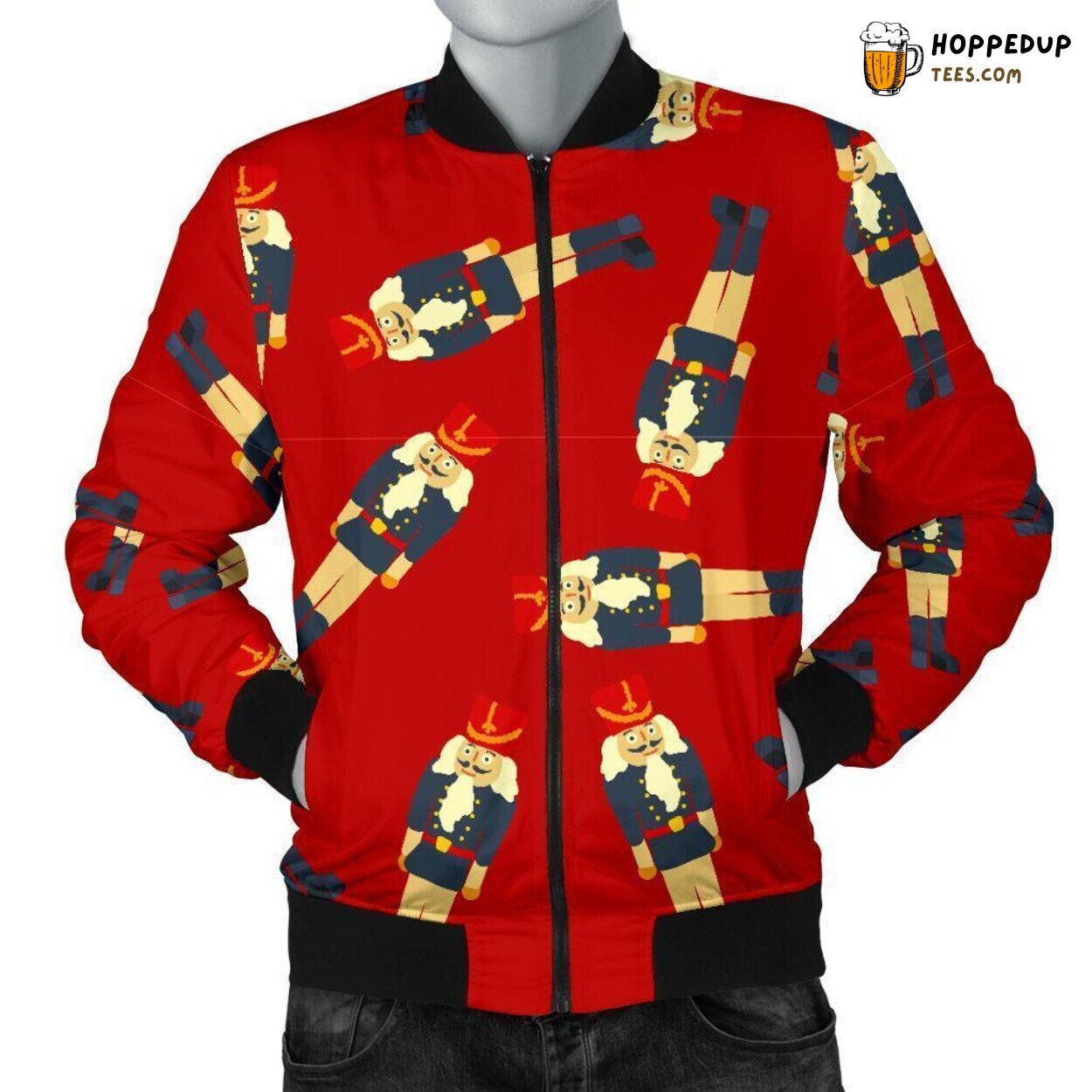 Vibrant Red Nutcracker Men’s Bomber Jacket Distinct Pattern Design Art