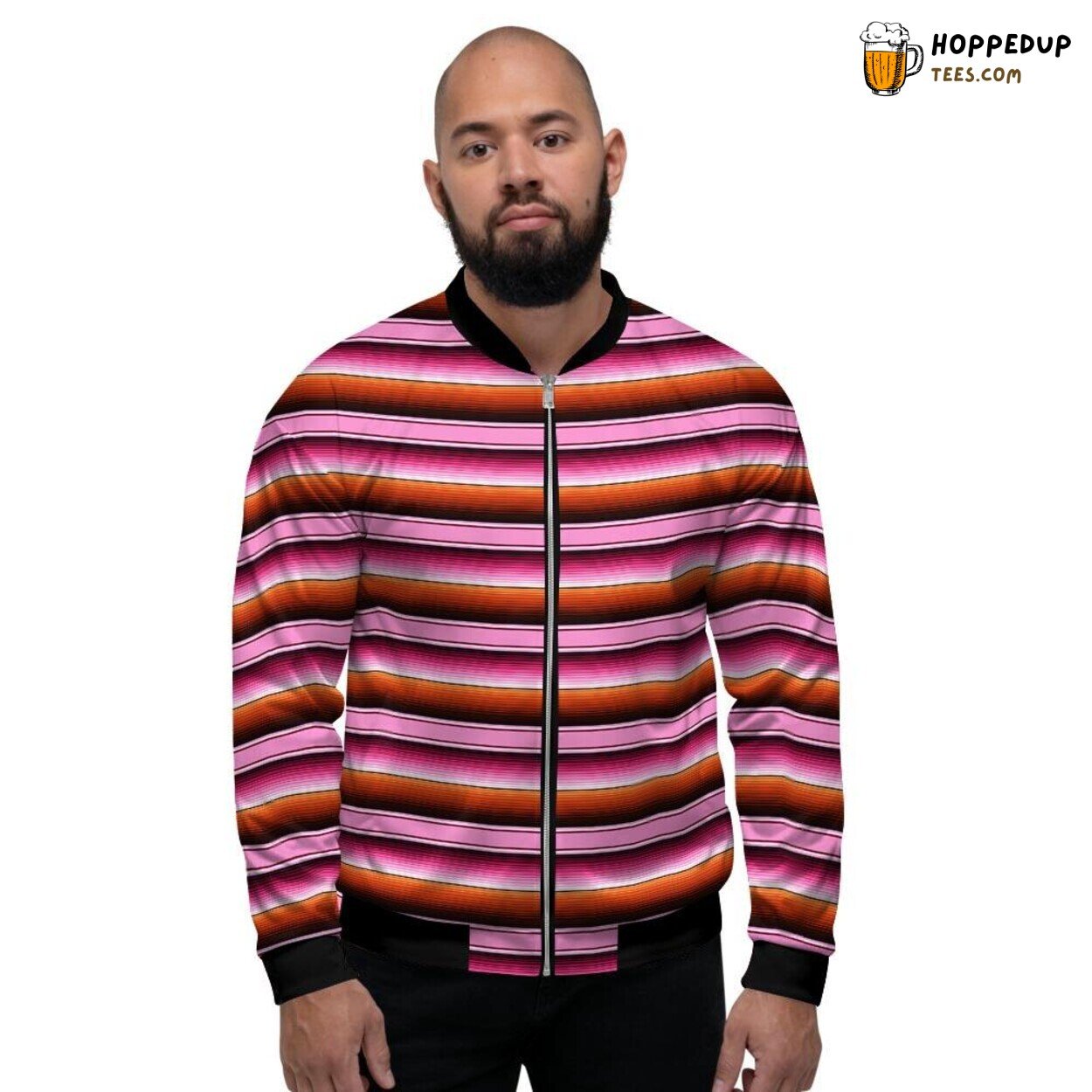 Vibrant Red Pink Mexican Baja Design Men’s Bomber Jacket Traditional Stripe