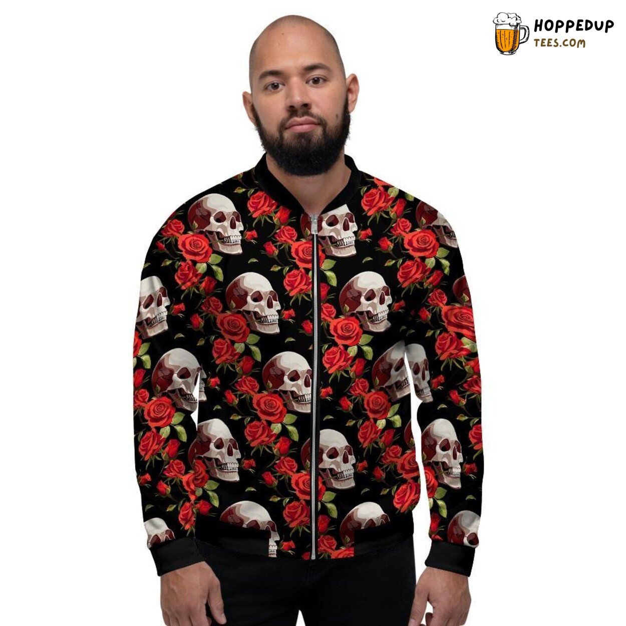 Vibrant Red Rose Combined Skull Design Men’s Bomber Jacket Gothic Floral Fusion