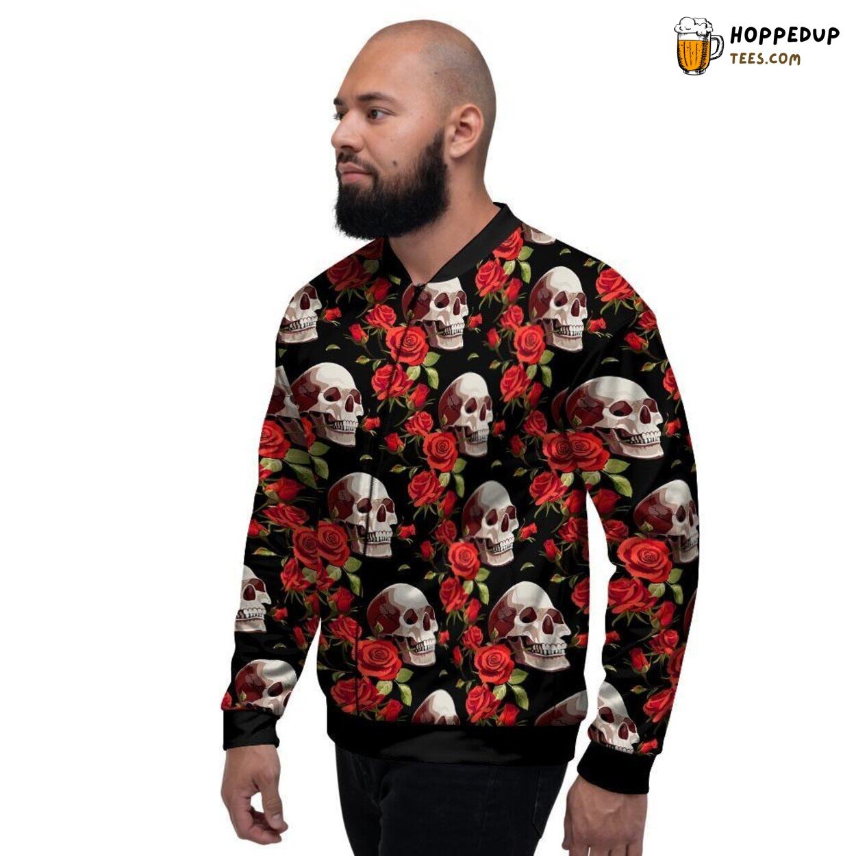 Vibrant Red Rose Combined Skull Design Men’s Bomber Jacket Gothic Floral Fusion