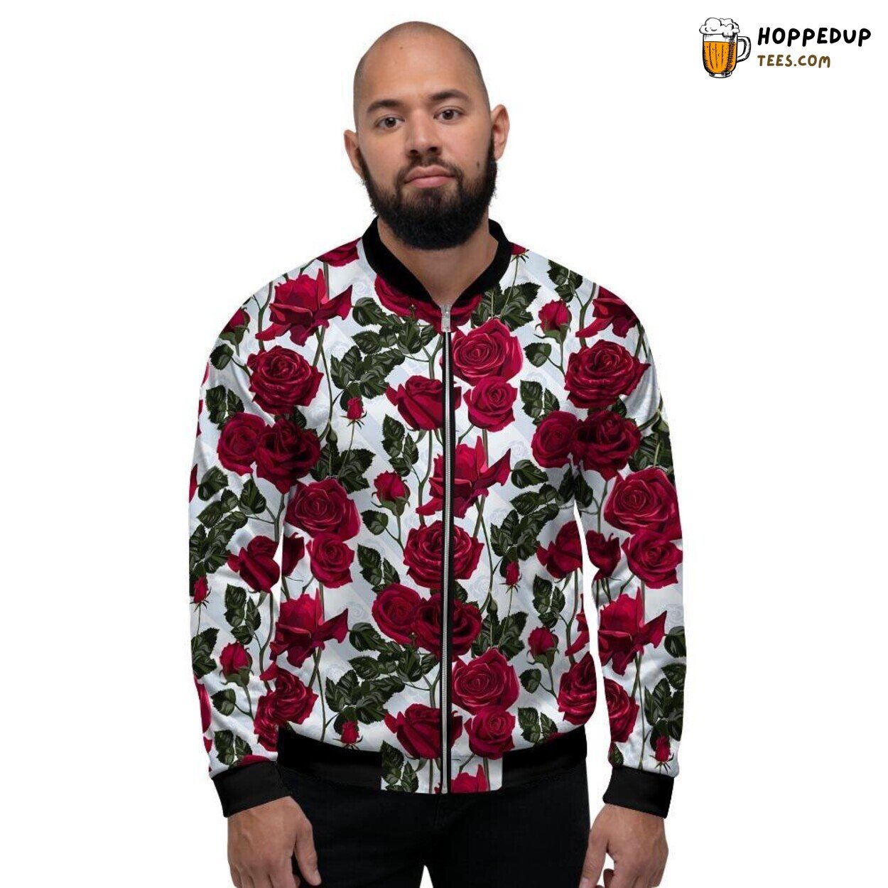 Vibrant Red Rose Flower Artistic Print Design Men’s Bomber Jacket Floral Look