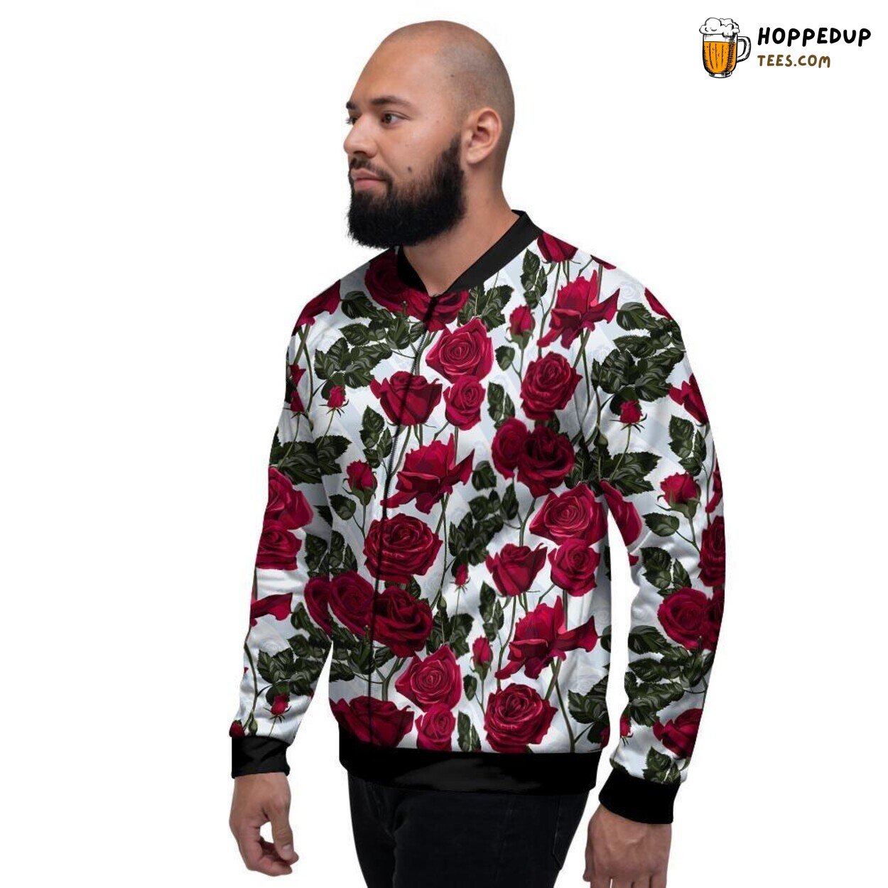 Vibrant Red Rose Flower Artistic Print Design Men’s Bomber Jacket Floral Look