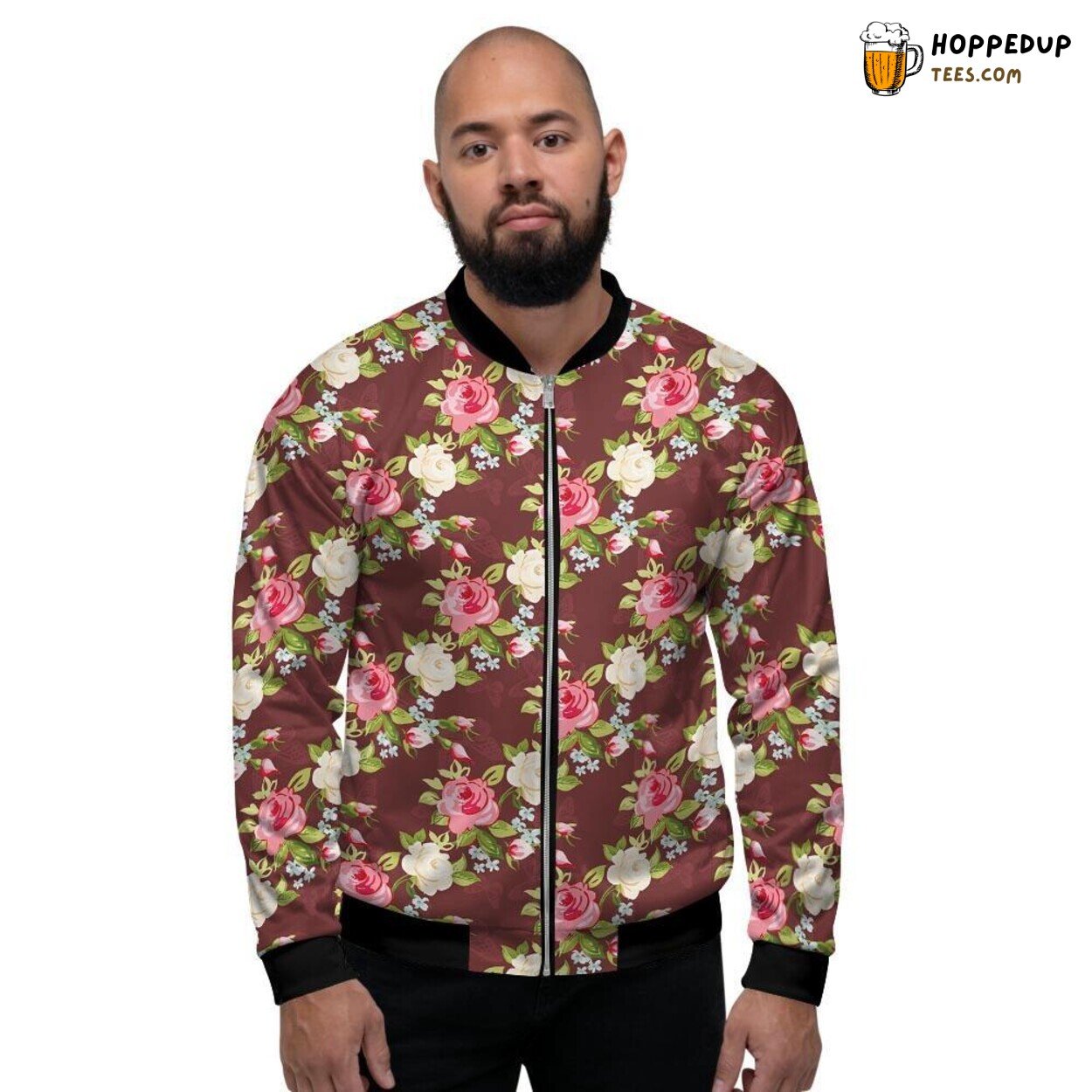 Vibrant Rose Floral Art Print Men’s Bomber Jacket Natural Bloom Design Fashion