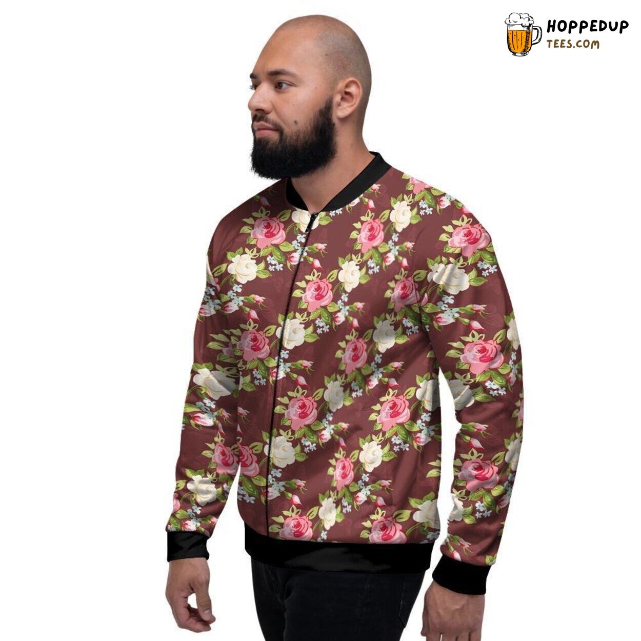 Vibrant Rose Floral Art Print Men’s Bomber Jacket Natural Bloom Design Fashion