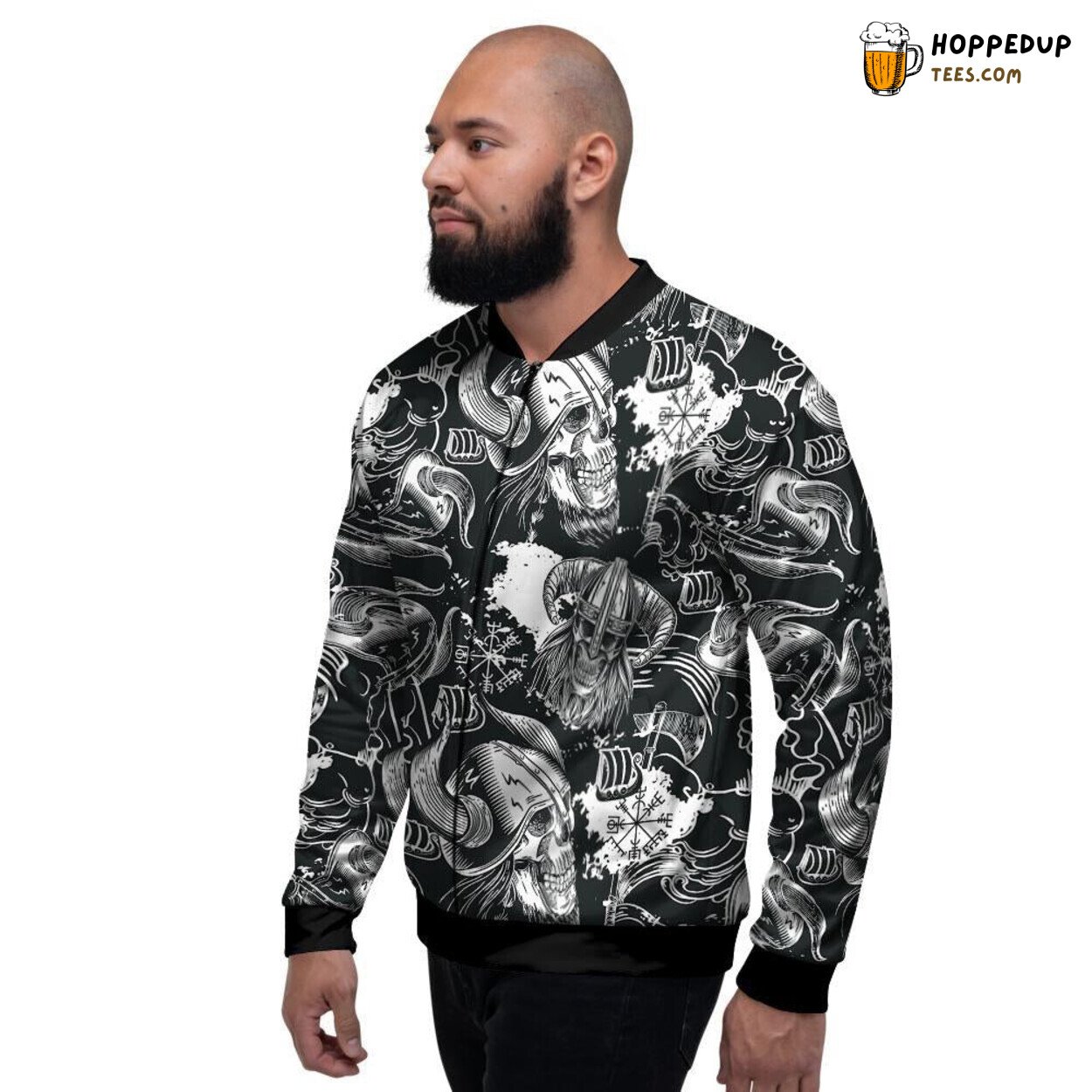 Viking Skull Design Men’s Bomber Jacket Norse Warrior Inspired Fashion Look