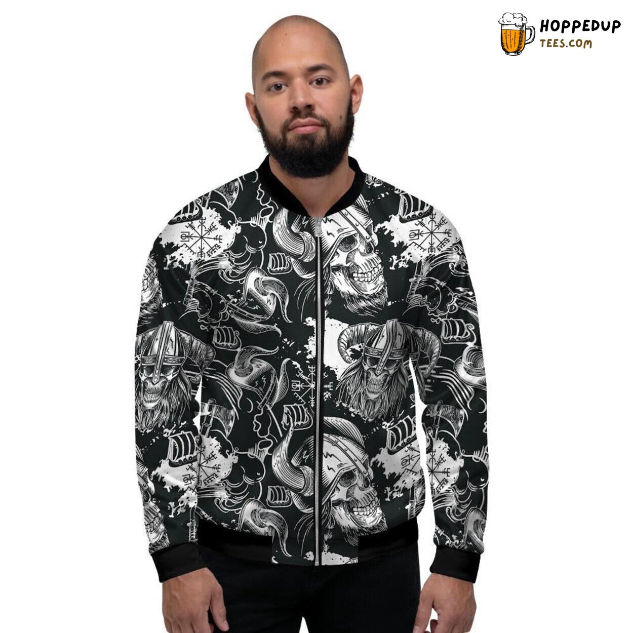 Viking Skull Design Men’s Bomber Jacket Norse Warrior Inspired Fashion Look