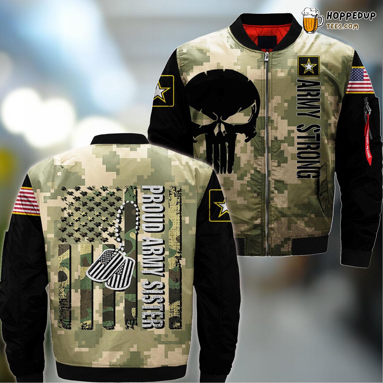 Vintage Camo Army Sister American Flag Tribute Bomber Jacket