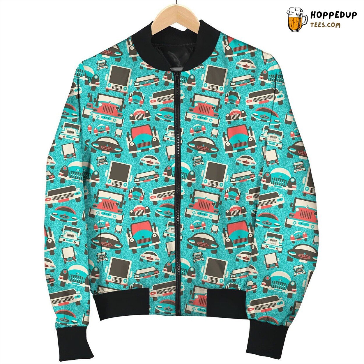 Vintage Car Illustration Bomber Jacket Drive into Winter’s Retro Elegance