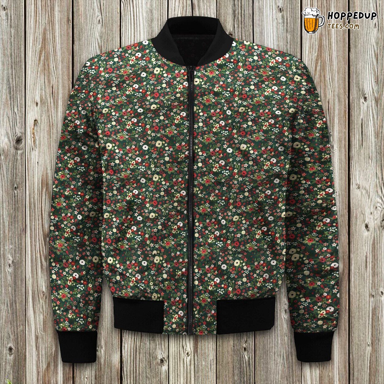 Vintage Christmas Floral Hunter Green Bomber Jacket
