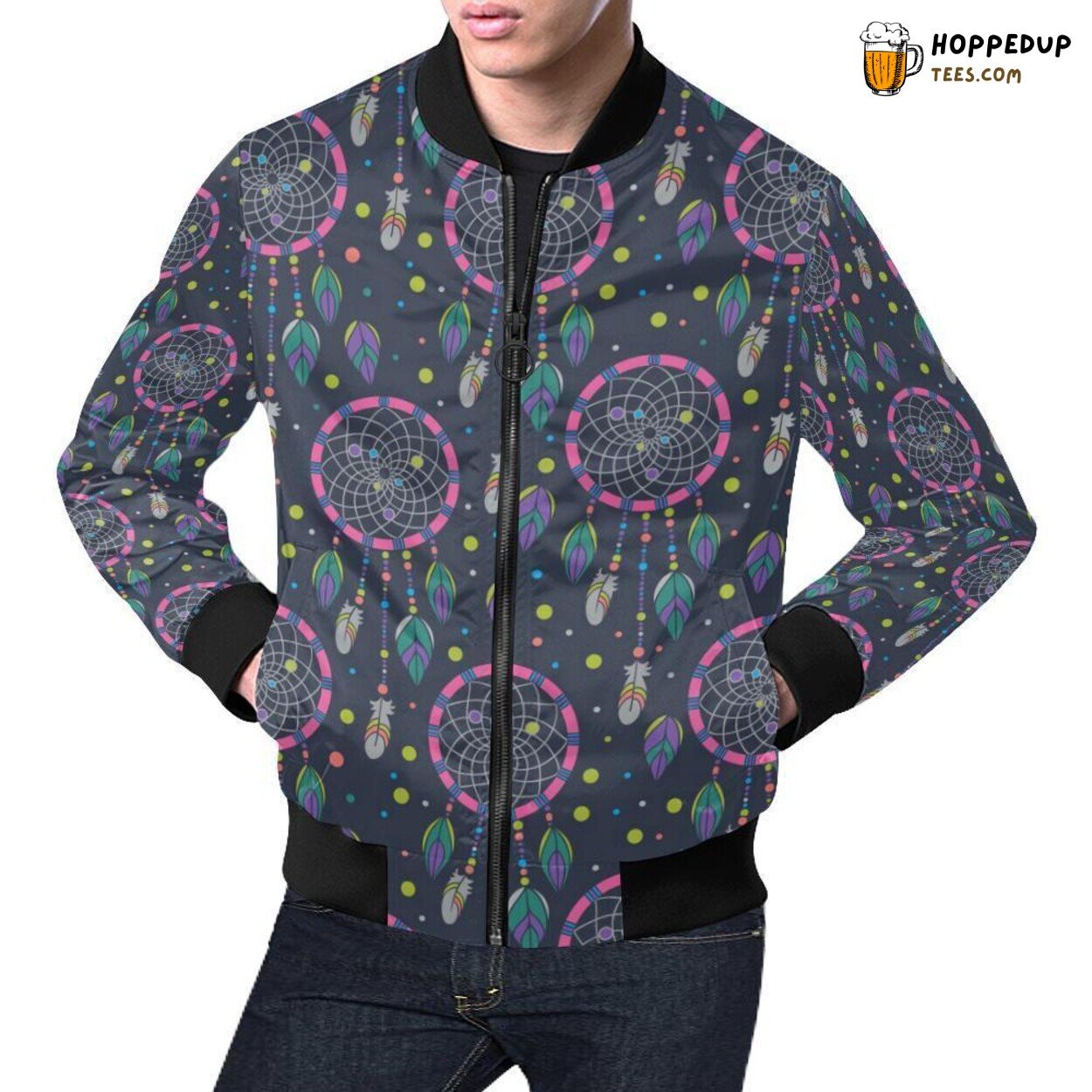 Vintage Inspired Men’s Bomber Jacket with Dream Catcher & Feathers
