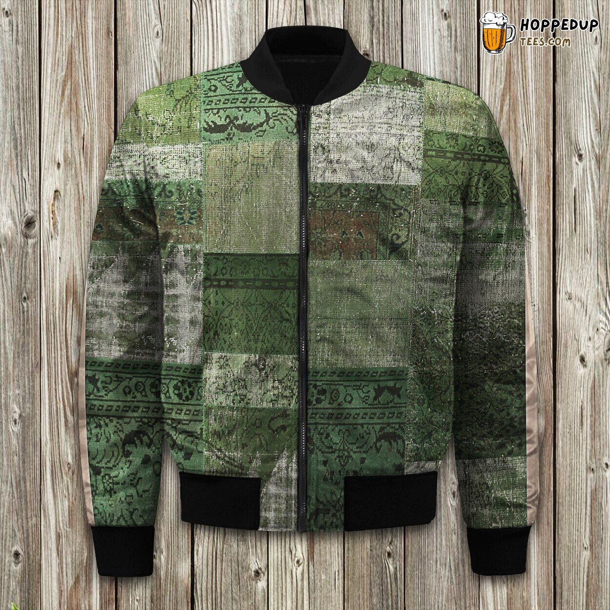 Vintage Patchwork Leaf Green Bomber Jacket