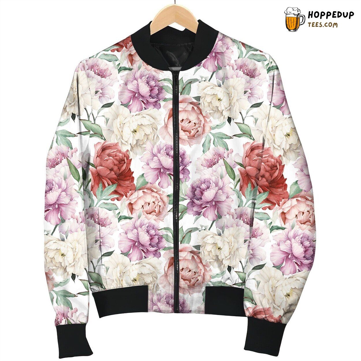 Vintage Peony Design Winter Bomber Jacket Blooming Elegance Meets Cold