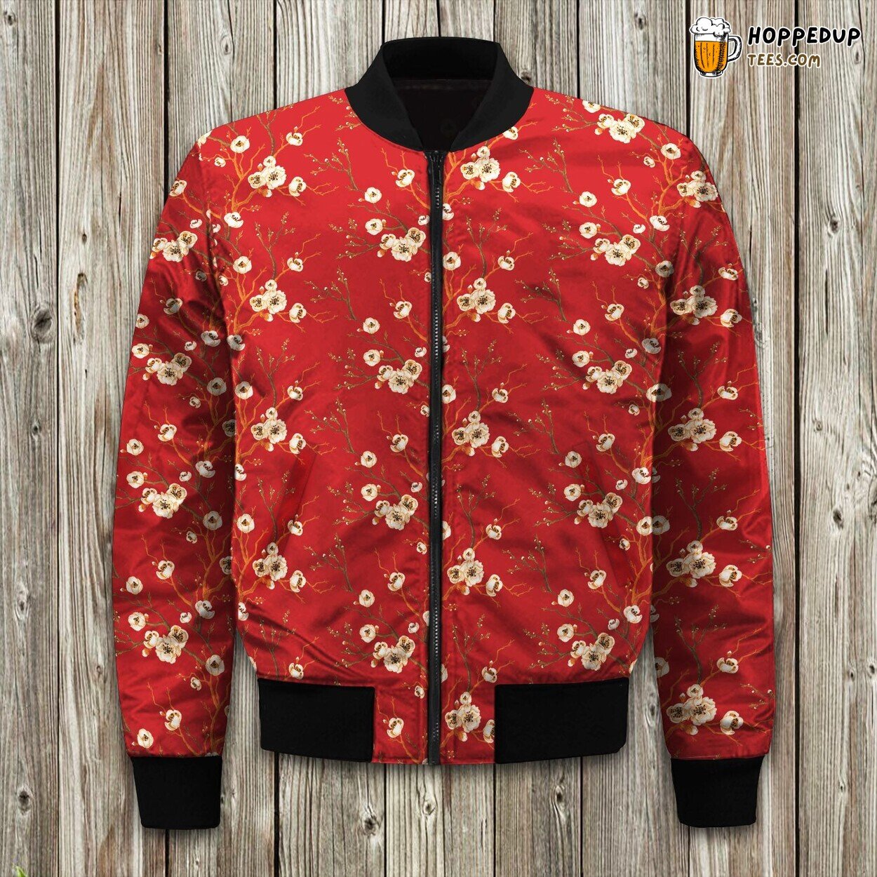 Vintage Red Leaves Pattern Bomber Jacket