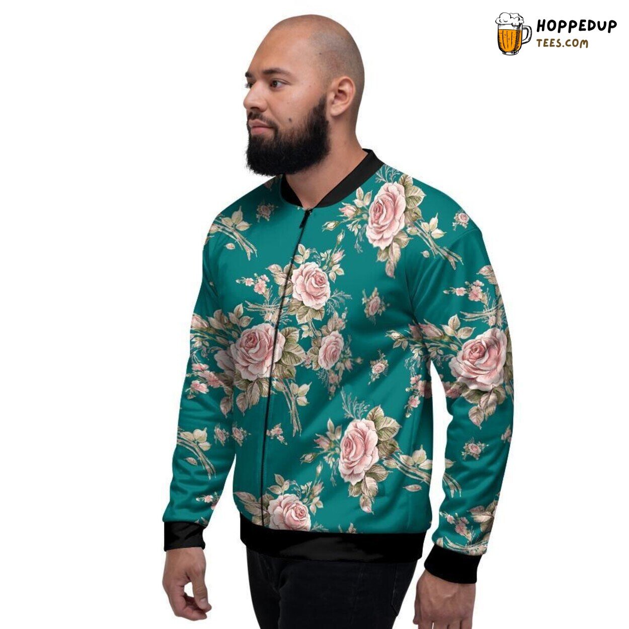 Vintage Rose Pink Flower Watercolor Men’s Bomber Jacket Delicate Floral Design