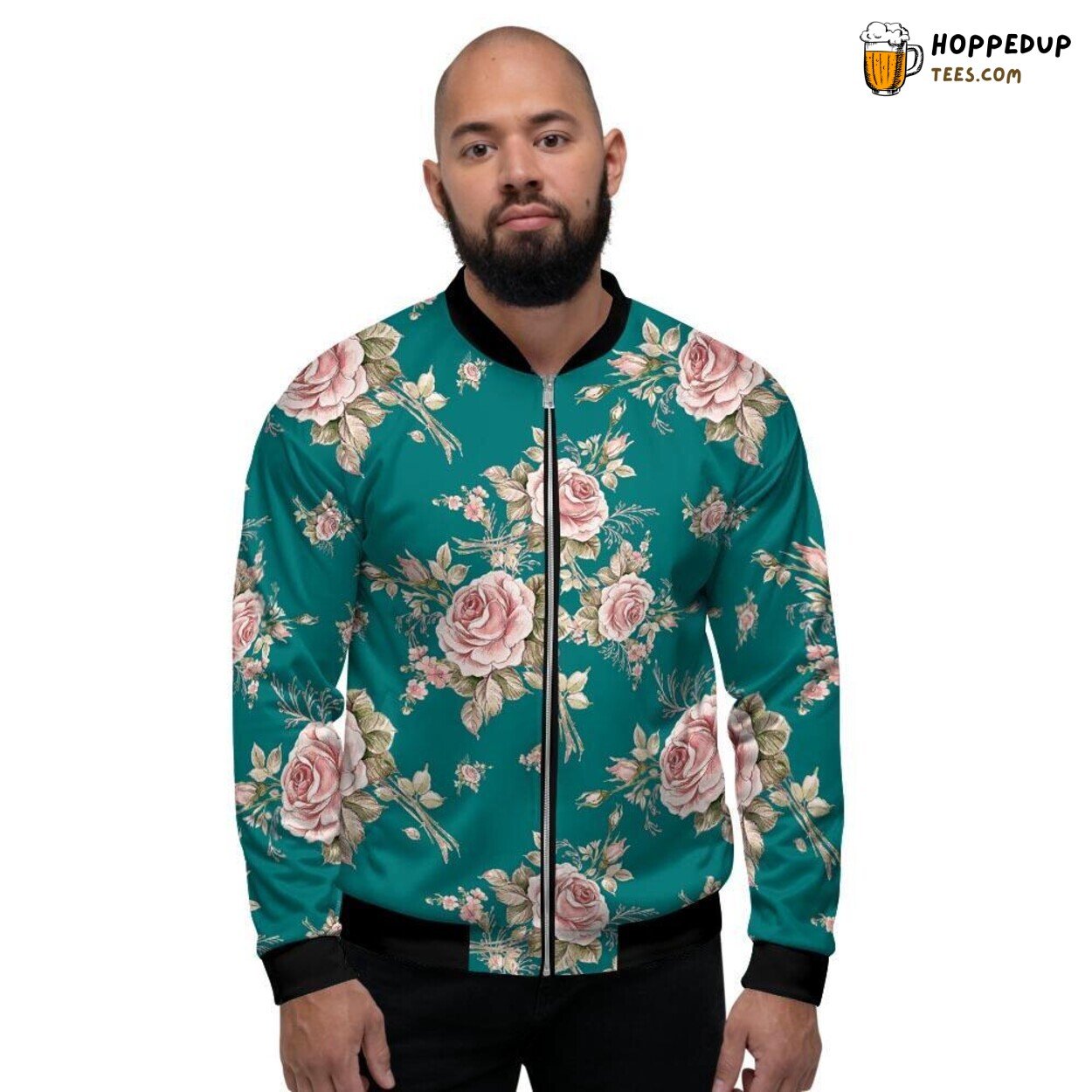 Vintage Rose Pink Flower Watercolor Men’s Bomber Jacket Delicate Floral Design