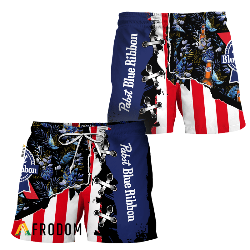 Vintage Tropical Flower Pabst Blue Ribbon Hawaiian Shorts HU
