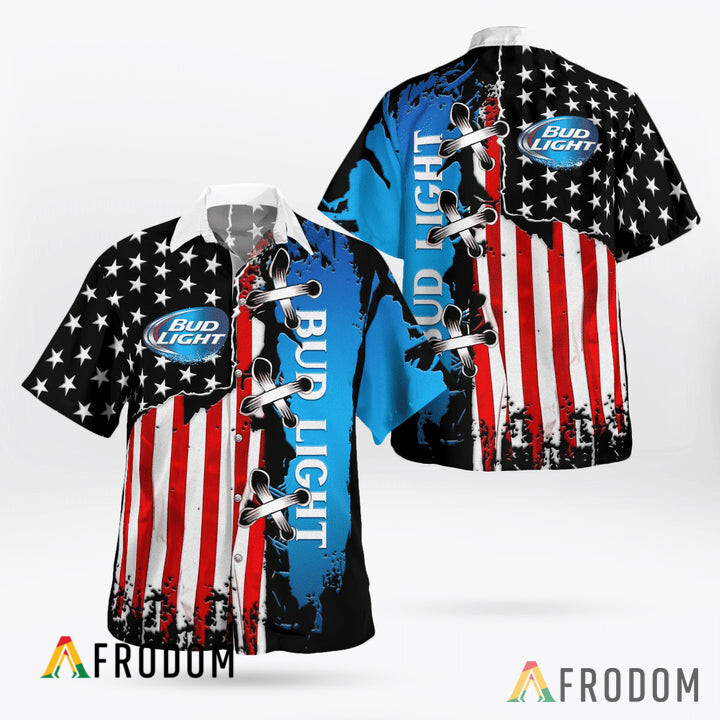 Vintage USA Flag Bud Light Hawaii Button Shirt HU