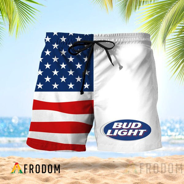 Vintage USA Flag Fourth Of July Bud Light Hawaiian Shorts HU
