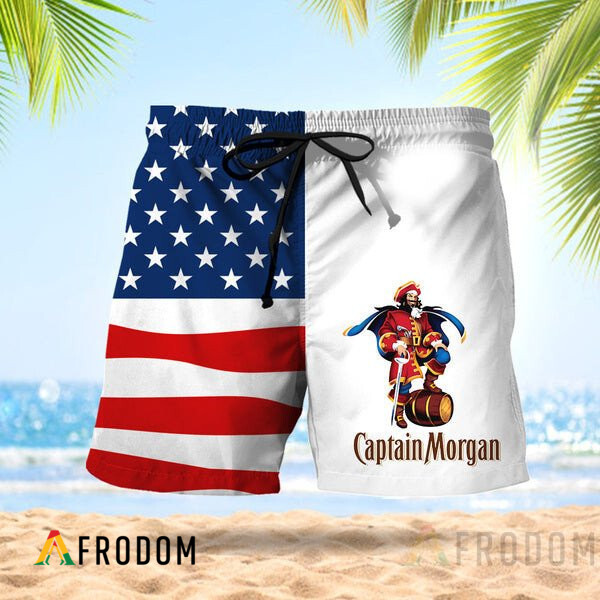 Vintage USA Flag Fourth Of July Captain Morgan Hawaiian Shorts HU