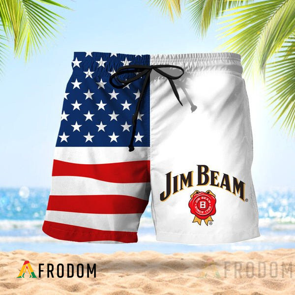 Vintage USA Flag Fourth Of July Jim Beam Hawaiian Shorts HU
