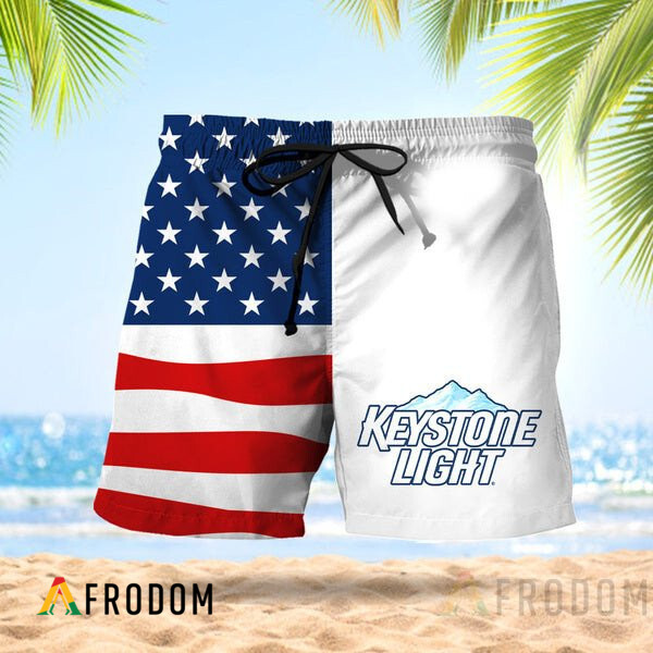 Vintage USA Flag Fourth Of July Keystone Light Hawaiian Shorts HU